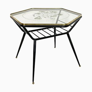 Italian Art Deco Metal & Decorate Glass Coffee Table With Magazine Rack, 1950s