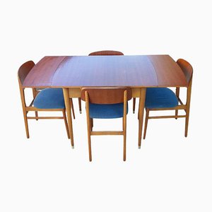 Mid-Century Teak & Beech Wood Dining Table & Chairs, Set of 5