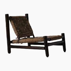 Low Wood and Block Pattern Rope Lounge Chair, France, 1960s