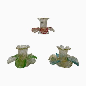 Mid-20th Century Italian Murano Glass & Gold Flake Candleholders in Flower Shape, Set of 3