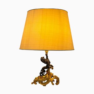 Lampe en Bronze avec Base Dorée à la Feuille et Lion Debout