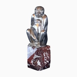 Sculpture Singe avec Jeune sur Socle en Marbre Rouge