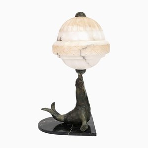 Art Déco French Sea Lion Table Lamp with Alabaster Ball, 1930s
