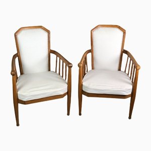 Art Deco Oak & Fabric Armchairs, Set of 2