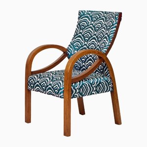 Small Art Deco Bent Oak Armchair in Teal Cloud Form Fabric, 1930s