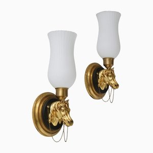 Vintage French Gilt Bronze Horse Wall Lights from Maison Charles, 1970s, Set of 2