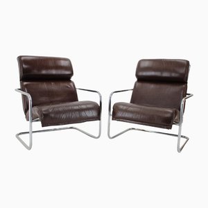 Czechoslovakia Tubular Cantilever Lounge Chairs in Leather, 1940s, Set of 2