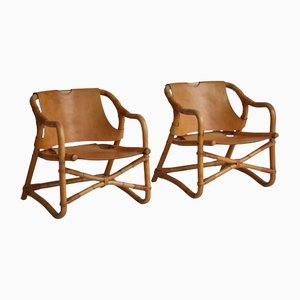 Modern Danish Manilla Lounge Chairs in Bamboo Rattan and Saddle Leather, 1960s, Set of 2