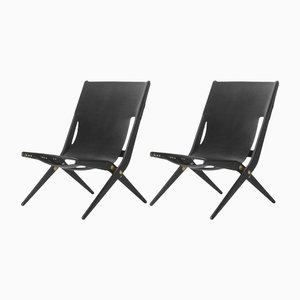 Black Stained Oak and Black Leather Saxe Chairs from by Lassen, Set of 2