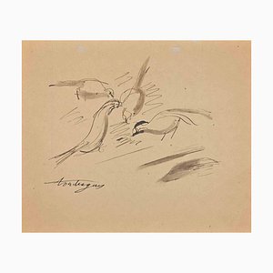 Louis Touchagues, The Birds, dibujo a tinta original, mediados del siglo XX