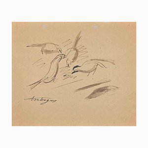 Louis Touchagues, The Birds, Original Ink Drawing, Mid-20th-Century