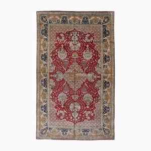 Tapis Ghome Floral en Pure Soie Rouge Foncé avec Bordure et Médaillon