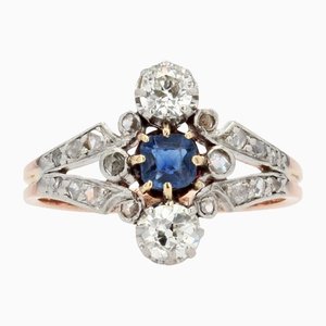 Antique French 18K Rose Gold Ring with Sapphire and Diamonds