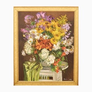Jânis Kalnmalis, Stillleben Herbstblumen, Öl auf Hartfaserplatte, Gerahmt