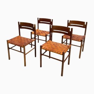 Mid-Century Italian Dining Chairs in Wood and Leather, 1960s, Set of 4