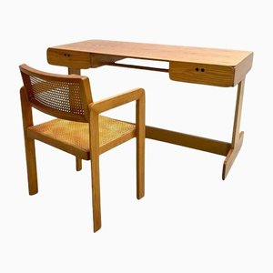 Mid-Century Desk and Cane Armchair in Pine by Derk Jan De Vries, 1980s, Set of 2