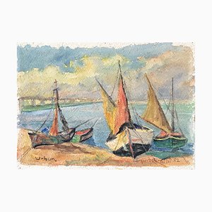 Harry Urban, Barques à Rimini, Italie, 1952, Aquarelle sur Papier