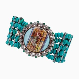 Bracelet en Or Rose 14 Carats et Argent avec Turquoise, Tsavorite, Diamants et Pierre