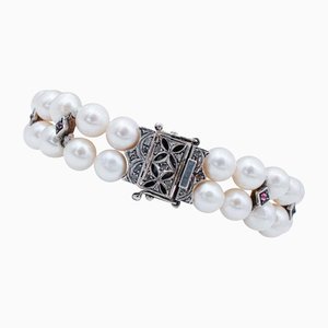 Bracelet Retro en Or Rose et Argent avec Perles Blanches, Grenats et Diamants