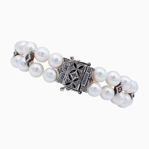 Rose Gold & Silver Retrò Bracelet With White Pearls, Garnets & Diamonds