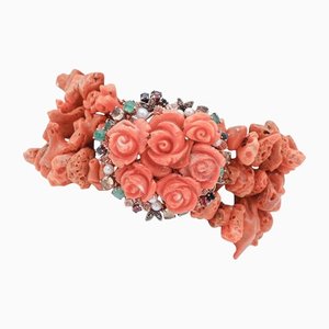 Bracciale in oro rosa e argento con corallo, topazio, smeraldi, rubini, diamanti e zaffiri