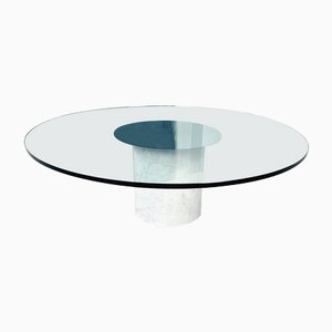 Mesa de centro italiana Mid-Century redonda de vidrio aguamarina y mármol blanco, años 80