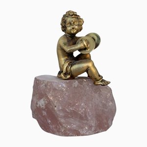 Statue Baroque de Chérubin en Argent sur Quartz Rose