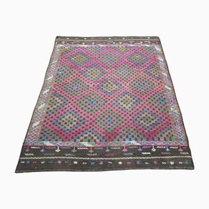 Grand Tapis Kilim à Motif Géométrique Rose