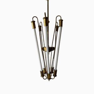 German Art Deco Brass Chandelier with Five Fluorescent Tubes from Kaiser & Co, Germany, 1930s