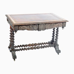 Antique Baroque Carved Oak and Leather Side Table, 1830s