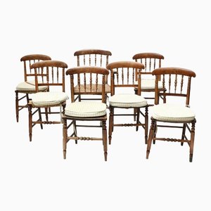 Antique French Rush Seated Dining Chairs in Oak and Walnut, 1860s, Set of 7