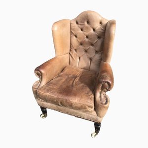 Antique Victorian Brown Leather Fireside Wing Chair