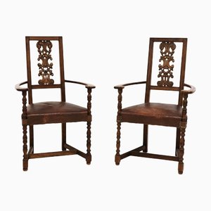 Antique Arts & Crafts Oak and Leather Armchairs from Liberty & Co, 1900s, Set of 2