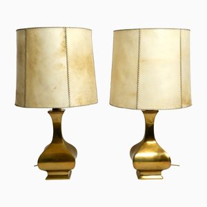 Large Italian Brass Table Lamps Huge Plastic Shades, 1950s, Set of 2