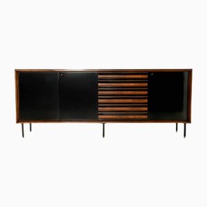Italian Sideboard with Black Lacquered Doors and Glass Top, 1960s