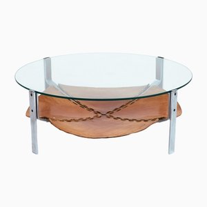 Dutch Brutalist Coffee Table in Leather, Steel and Glass