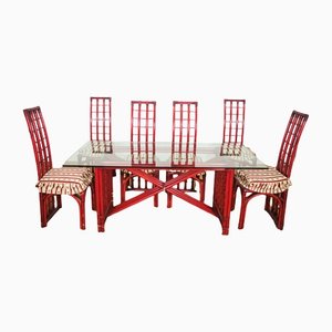 Roter Tisch & Stühle aus Bambus von Arturo Pozzoli, 1980er, 7er Set