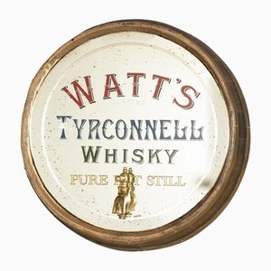 Espejo publicitario de whisky Watts Tyrconnell con marco en forma de barril, década de 1900