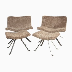 Set of 20th Century Italian Sheepskin Swivel Chair & Stool from Tonon