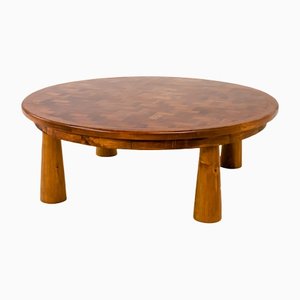 Large Round Parquet Coffee Table with Conical Legs