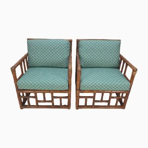 Set of Italian Bamboo Lounge Chairs With Hermès Upholstery, 1970s