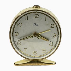 Reloj despertador italiano vintage en amarillo crema y dorado con tono de Emes, años 60