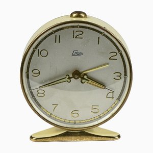 Reloj despertador italiano vintage en amarillo crema y dorado con tono de llamada de Emes, años 60
