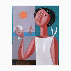 G. Pardi, Femme au verre et coucher de soleil, 1967, Oil on Canvas
