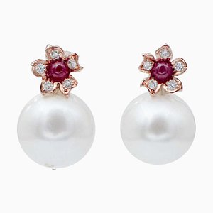 14K Rose Gold Stud Earrings with White Pearls, Rubies and Diamonds