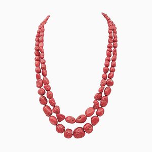 Collana in corallo rosso e diamanti in oro rosa e argento