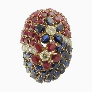 Bague Cluster en Or Blanc avec Saphirs Bleus, Rubis et Diamants