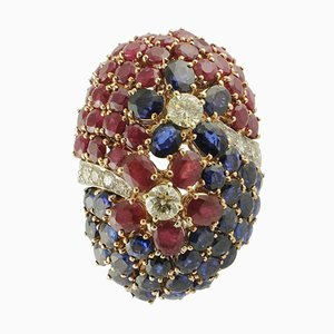 White Gold Cluster Ring with Blue Sapphires, Rubies and Diamonds