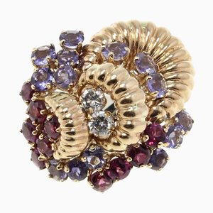 Rose Gold Cluster Ring with Garnets Ioliote and Diamonds