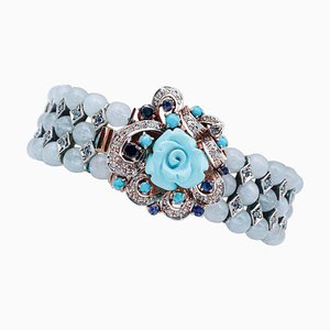 14K Rose Gold and Silver Bracelet with Aquamarine Turquoise Diamonds and Sapphires